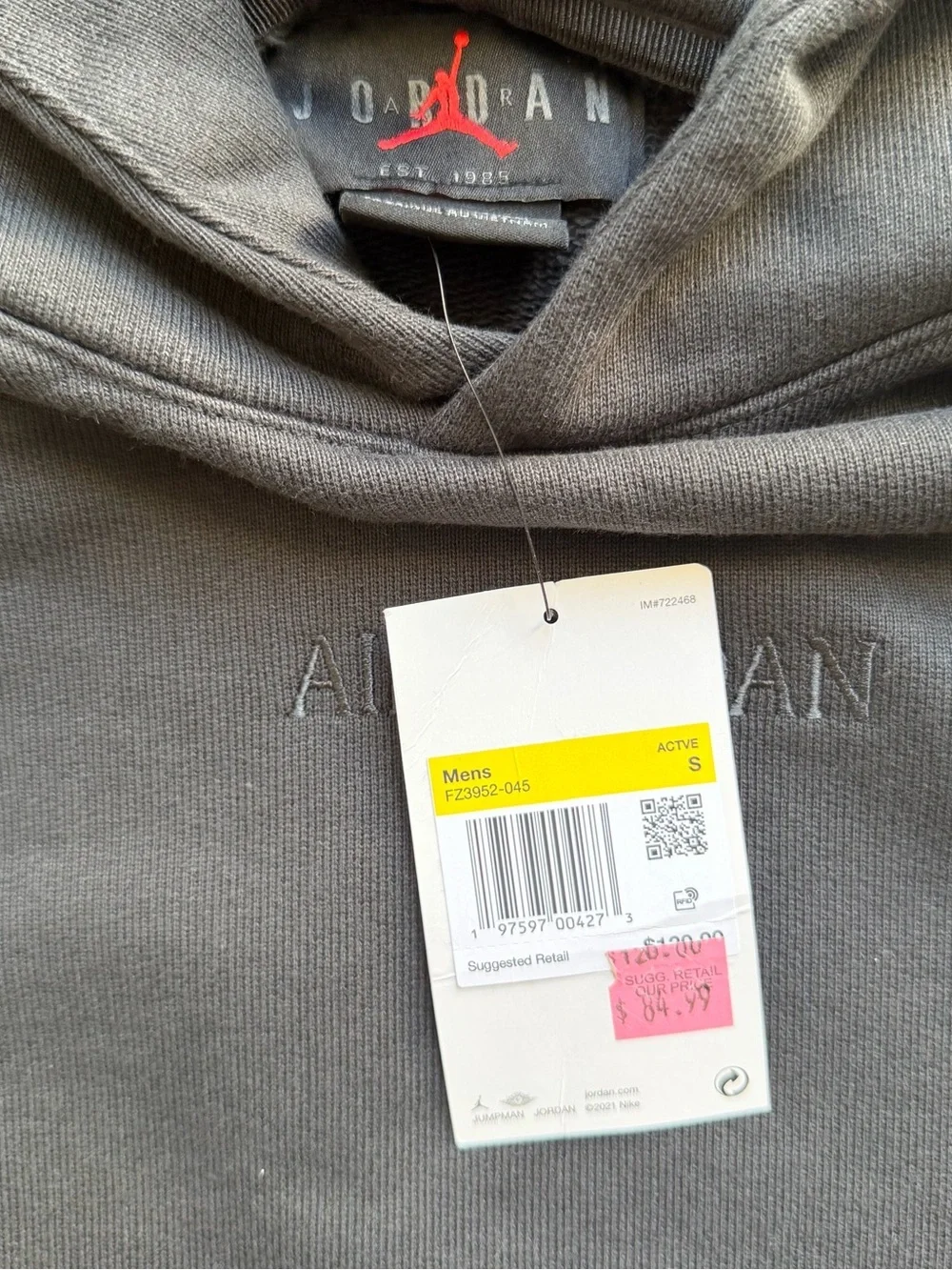 Jordan Men's Charcoal Gray Embossed Logo Pullover Hoodie NWT size S